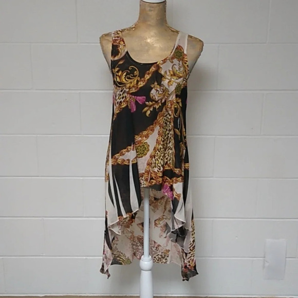 SHEER HIGH LOW TANK TOP CHAIN & TASSEL PRINT - Picture 1 of 8